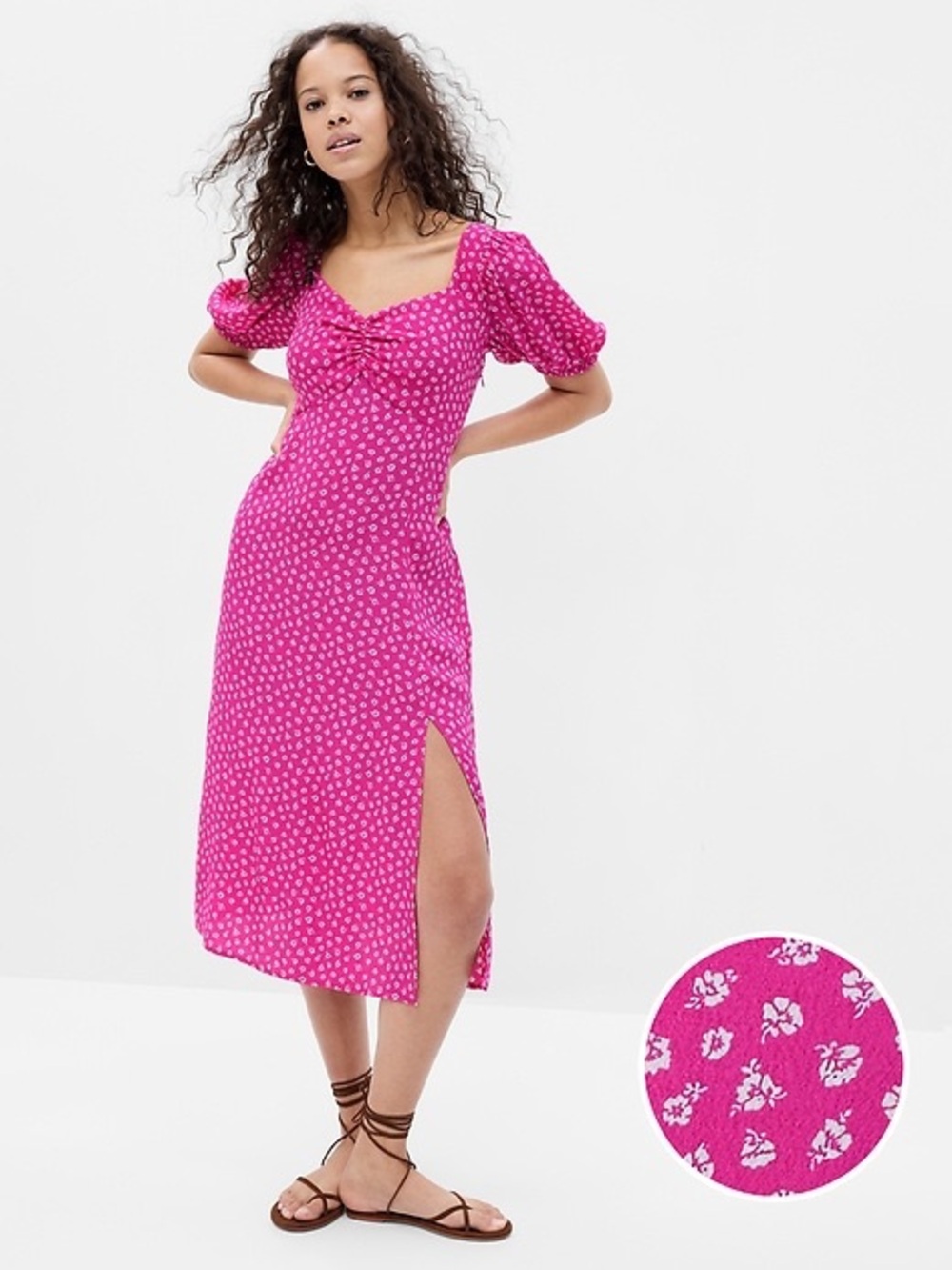 GAP Factory Bright Fuchsia Puff-Sleeve Ecovero Midi Dress with Side Slit